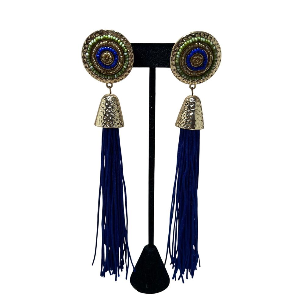 Royal Blue Tassel Earrings Beaded Gold Tone Boho Statement Drop Dangle 6.25in